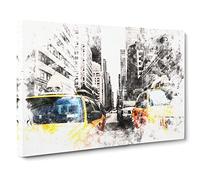 Two Yellow Taxi Cabs In New York Watercolour Modern Canvas Wall Art Print Ready to Hang, Framed Picture for Living Room Bedroom Home Office Décor, 24x16 Inch (60x40 cm)