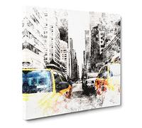 Two Yellow Taxi Cabs in New York Watercolour Modern Canvas Wall Art Print Ready to Hang, Framed Picture for Living Room Bedroom Home Office Décor, 14x14 Inch (35x35 cm)