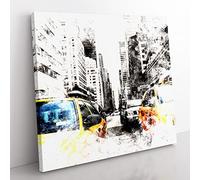 Two Yellow Taxi Cabs in New York Watercolour Modern Canvas Wall Art Print Ready to Hang, Framed Picture for Living Room Bedroom Home Office Décor, 50x50 cm (20x20 Inch)