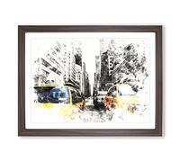 Two Yellow Taxi Cabs In New York Watercolour Modern Framed Wall Art Print, Ready to Hang Picture for Living Room Bedroom Home Office Décor, Walnut A4 (34 x 25 cm)