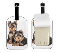Two Yorkshire Terrier Puppies,Luggage Tags Pu Leather Name Tag Travel Suitcase Identifier ID Tags Durable Baggage Label 2 pcs