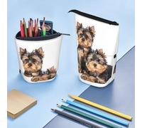 Two Yorkshire Terrier Puppies,Standing Pencil Holder Stationery Bag Pencil Pouch Organizer Telescopic Pencil Case