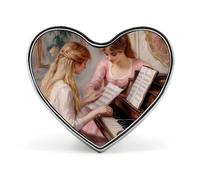 Two Young Girls at The Piano 1892 Badge Heart Shape Cute Brooch Pins Button Badges for Backpack Jackets Hats Decor