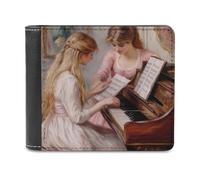 Two Young Girls at The Piano 1892 Men's Bifold Wallet Slim Cash Card Holder Leather Purse