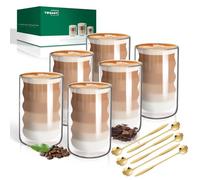 twoant 6 x 400ml Double Walled Glass Coffee Mugs with 6 Spoons,Cappuccino Latte Tea Cups Clear Coffee Cups Borosilicate Heat Resistant Glasses Cups