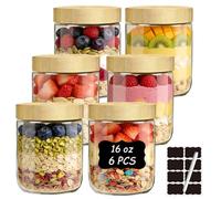 twoant 6pcs Overnight Oats jar,16oz Wide Mouth Mason glass Jar with bamboo Screw Lid,Clear Storage Containers for Meal Prep Fruit Yogurt Oatmeal Snacks Spice Sugar