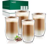 twoant Double Walled Coffee Glasses Mugs 350ML Set of 4 Cappuccino Latte Macchiato Glass Cups for Coffee Tea Milk Juice Ice Cream Borosilicate Heat Resistant Glass Cup