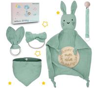twocolur Baby Gift Set - Bunny Cuddle Cloth, Bib, Teething Ring, Dummy Chain, Headband & Wooden Plaque - Cotton - Gift Birth Girl | Baby Gift Boy & Girl (Green)