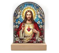 TwoDays Sacred Heart of Jesus Catholic Decor - Acrylic Catholic Icons & Gifts, Light up Tabletop Decor for Home Altar & Desk with Wooden Base