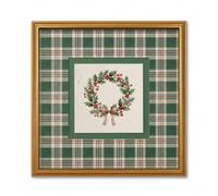 TwoDays Vintage Christmas Gold Framed Wall Art - Green Tartan Plaid Berry Wreath Canvas Prints, Classic Farmhouse Holiday Pictures Wall Decor for Winter Mantel Tabletop (12.6" x 12.6")