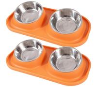 Twofold Dog Food Bowl, Cat Food Dish of Stainless Steel with Silicone Mat That is Non-Slip and Prevents Spillage, Cat Feeder Bowl Set, Orange Base, Perfect for Small Pets, 15.9 in by 8.7 in by 3.1 in