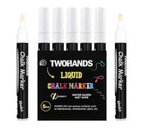 TWOHANDS White Liquid Chalk Pens (5 Pack) - 3mm & 4.5mm Reversible Tip - Multi-Purpose Wipeable and Erasable Chalk Markers for Chalkboards, Signs, Windows, Whiteboards, Glass, Bistro, 19530