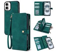 TwoHead Wallet Case Compatible with iPhone 16,Detachable Magnetic Phone Case,PU Leather All-Round Protective Cover Wallet with Card Holder/Change Pocket,6.1 in,Green