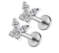 Twolobes 1 Pair ASTM F136 Titanium 16G Butterfly flower Threadless Flatback Piercing Ear Stud for Nose, Labret, Tragus, Helix, Conch with Post- Cartilage Earring Body Piercing Jewelry, 7mm Bar