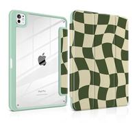 TWOLSKOO Case for iPad Pro 11-inch (M5 2025 / M4 2024), Clear Acrylic Back with TPU Bumper, Pencil Holder, Trifold Stand, Auto Sleep/Wake, Green Wavy Checker