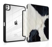 TWOLSKOO Case for iPad Pro 11-inch (M5 2025 / M4 2024), Clear Acrylic Back with TPU Bumper, Pencil Holder, Trifold Stand, Auto Sleep/Wake, Cow Print