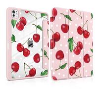 TWOLSKOO Case for iPad Pro 11-inch (M5 2025 / M4 2024), Clear Acrylic Back with TPU Bumper, Pencil Holder, Trifold Stand, Auto Sleep/Wake, Cherries