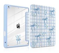 TWOLSKOO for iPad 10.2 Case with Pencil Holder, Clear Acrylic Back Shows Logo, Trifold Stand with Auto Sleep/Wake, Soft TPU Bumper, for iPad 9th / 8th / 7th Generation, Blue Gingham Bows