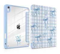TWOLSKOO for iPad 11th & 10th Gen Case with Pencil Holder, Trifold Stand, Auto Sleep/Wake, Clear Acrylic Back with TPU Bumper, for iPad 11-inch (2025, A16 Chip) & 10.9-inch (2022), Blue Gingham Bows