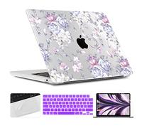 TWOLSKOO for MacBook Air 15 inch Case 2025 2024 2023 Release M4 A3241 M3 A3114 M2 A2941, Plastic Hard Shell & Screen Protector & Keyboard Cover & Trackpad Film, Purple Peony