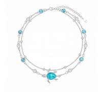 Twoowl Beach Anklet Sterling Silver Sea Turtle Layered Rosary Anklet Bracelet Turquoise Double Chain Jewelry Summer Vacation Gift for Women Her