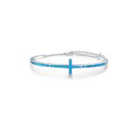 Twoowl Blue Opal Bracelet 925 Sterling Silver Cross Bracelet Faith Opal Cuff Bangle Religious Christian Jewelry Gifts for Women Girls