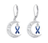 Twoowl Colon Cancer Awareness Earrings 925 Sterling Silver Colon Cancer Blue Ribbon Moon Dangle Leverback Earrings Survivor Jewellery Inspiration Gifts for Women