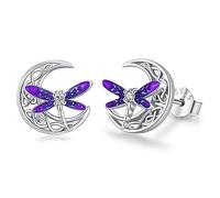 Twoowl Dragonfly Stud Earrings 925 Sterling Silver Celtic Moon Earrings Irish Celtic Jewellery Gifts for Women Girls（Purple）