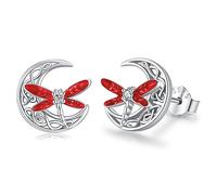 Twoowl Dragonfly Stud Earrings 925 Sterling Silver Celtic Moon Earrings Irish Celtic Jewellery Gifts for Women Girls（Red）