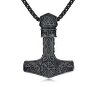 Twoowl Mjolnir Necklace Sterling Silver Black Gold Viking Compass Pendant Thor Hammer Necklace Raven Necklace Norse Runes Vegvisir Amulet Jewellery Gifts for Women Men