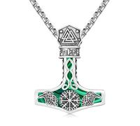 Twoowl Mjolnir Sterling Silver Viking Compass Pendant Thor Hammer Necklace Raven Necklace Norse Runes Vegvisir Amulet Jewellery Gifts for Women Men(Malachit)