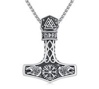 Twoowl Norse Viking Compass Necklace 925 Sterling Silver Mjolnir Thor Hammer Wolf Pendant Talisma Amulet Vintage Odin Jewellery for Women Men