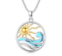 Twoowl Ocean Wave Necklace 925 Sterling Silver Sunburst Gold Sun Sea Surf Necklace Beach Themed Gifts Ocean Jewellery for Women