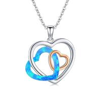 Twoowl Opal Heart Necklace 925 Sterling Silver Three Generations Pendant Love Jewellery Blue Opal Gifts for Women Grandmother Mom Granddaughter Birthday