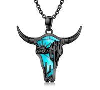 Twoowl Texas Cow Longhorn Necklace 925 Sterling Silver Black Turquoise Western Pendant Cowgirl Country Native American Jewellery for Women Men