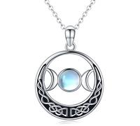 Twoowl Triple Moon Goddess Necklace Celtic Pendent 925 Sterling Silver Pentagram Wiccan Pagan Amulet Triple Moon Goddess Jewellery Moonstone Gifts for Women Girls
