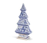 Two's Company Mini Blue & White Chinoiserie Christmas Tree Decor Ceramic Figurine, 12" Tabletop Indoor Decoration