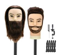 Twowin 12 Inch Mannequin Head Male With 100% Real Hair | Male Hairdressing Head with Beard, Styling Training Heads Man, Hairdresser Manikin with Clamp and DIY Braiding Set (Brown)
