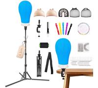 TwoWin 23 Inch Wig Styling Head with 160cm Adjustable Tripod Stand, Canvas Mannequin Head for Hairdressing Training Set with Wigs Making Caps, T+C Pins Set (Sapphire Blue)