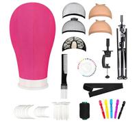 TwoWin 23 Inch Wig Styling Head with 160cm Adjustable Tripod Stand, Canvas Mannequin Head for Hairdressing Training Set with Wigs Making Caps, T+C Pins Set (Rose Red)