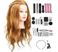 TwoWin 80% Real Hair Training Head, 22" Styling Head for Hairdressing Cosmetology Mannequin Manikin Head With Clamp Stand, Various Hair Accessories, Gift Set