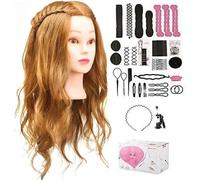 TwoWin 80% Real Hair Training Head, 22" Styling Head for Hairdressing Cosmetology Mannequin Manikin Head With Clamp Stand, Various Hair Accessories, Gift Set