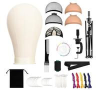 TwoWin Canvas Mannequin Head with 160cm Adjustable Tripod Stand - 23 Inch Styling Manikin Head for Wigs Display, Hairdressing Training Set with Wigs Making Caps, T+C Pins Set