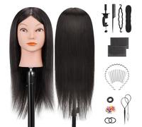 TwoWin Hairdressing Training Head, 18" 80% Real Hair Mannequin Head, Wig Styling Head with Clamp and DIY Braiding Set (Black)