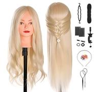 TwoWin Hairdressing Training Head, 20" 80% Real Hair Mannequin Head, Wig Styling Head with Clamp and DIY Braiding Set (Light Gold)
