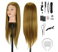 TwoWin Hairdressing Training Head, 20" Synthetic Fiber Hair Mannequin Head, Wig Styling Head with Clamp and DIY Braiding Set (Brown)
