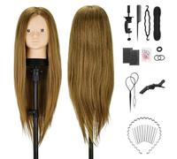 TwoWin Hairdressing Training Head, 24" 80% Real Hair Make-upable Mannequin Head, Wig Styling Head with Clamp and DIY Braiding Set (Light Brown)