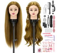 TwoWin Hairdressing Training Head, 24" 80% Real Hair Mannequin Head, Hairdressing Head for Hair Styling Practice, Cutting & Braiding, Styling Head with Clamp And Tools Set (Golden)