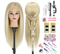 TwoWin Hairdressing Training Head, 24" 80% Real Hair Mannequin Head, Hairdressing Head for Hair Styling Practice, Cutting & Braiding, Styling Head with Clamp And Tools Set (Light Beige)