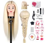 TwoWin Hairdressing Training Head, 24 Inch 80% Real Hair Manikin Cosmetology Doll Head Mannequin Hair Styling with Clamp Stand and Accessories, Blonde, Suitable for Straightening, Curling, Perming
